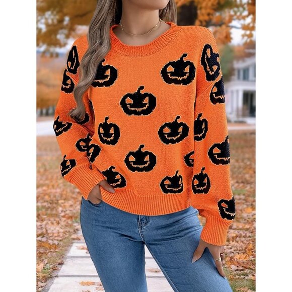 Strentiki Women Orange Pumpkin Halloween Long Sleeve Crew Neck Casual Sweaters - Picture 7 of 7